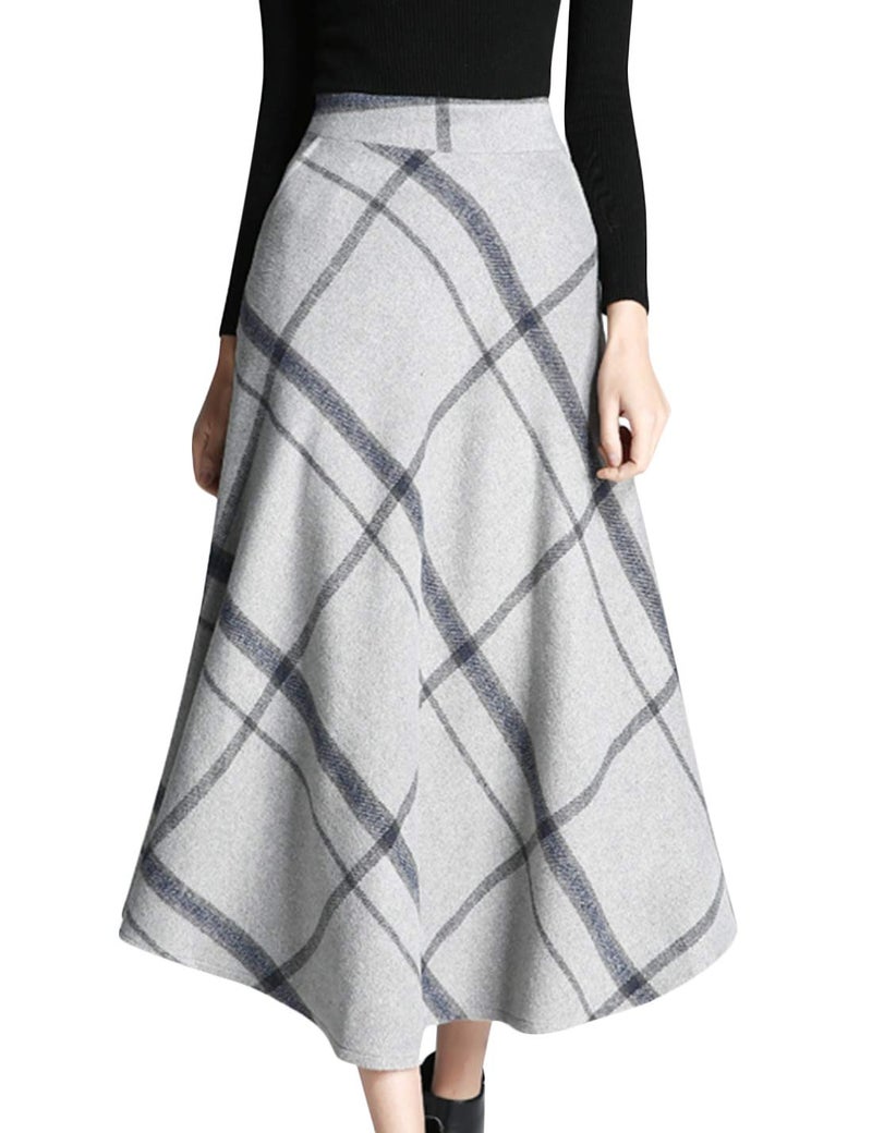 Tanming Women's Winter Warm Elastic Waist Wool Plaid A-Line Pleated Long Skirt (Gray-S) - Image 1